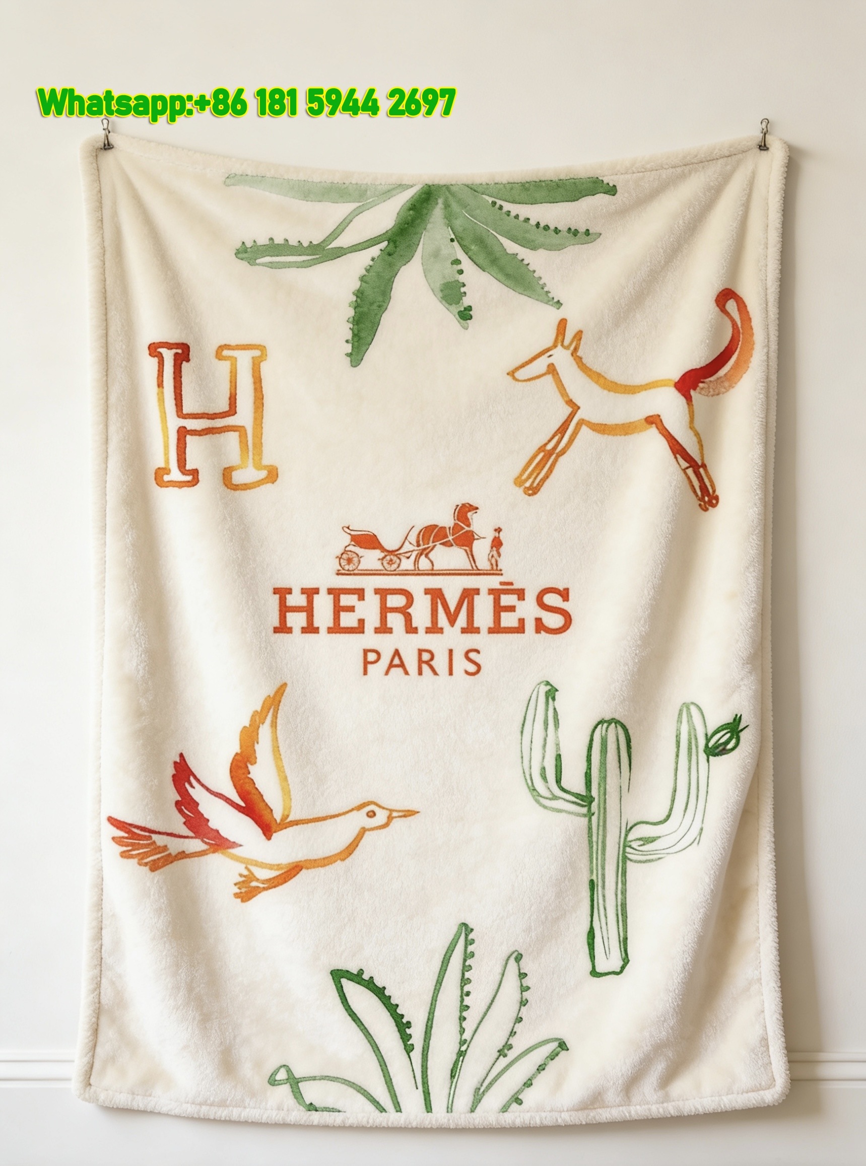 Artistic Hermès Watercolor Cactus & Animal Print Flannel Throw Blanket IMG_5046